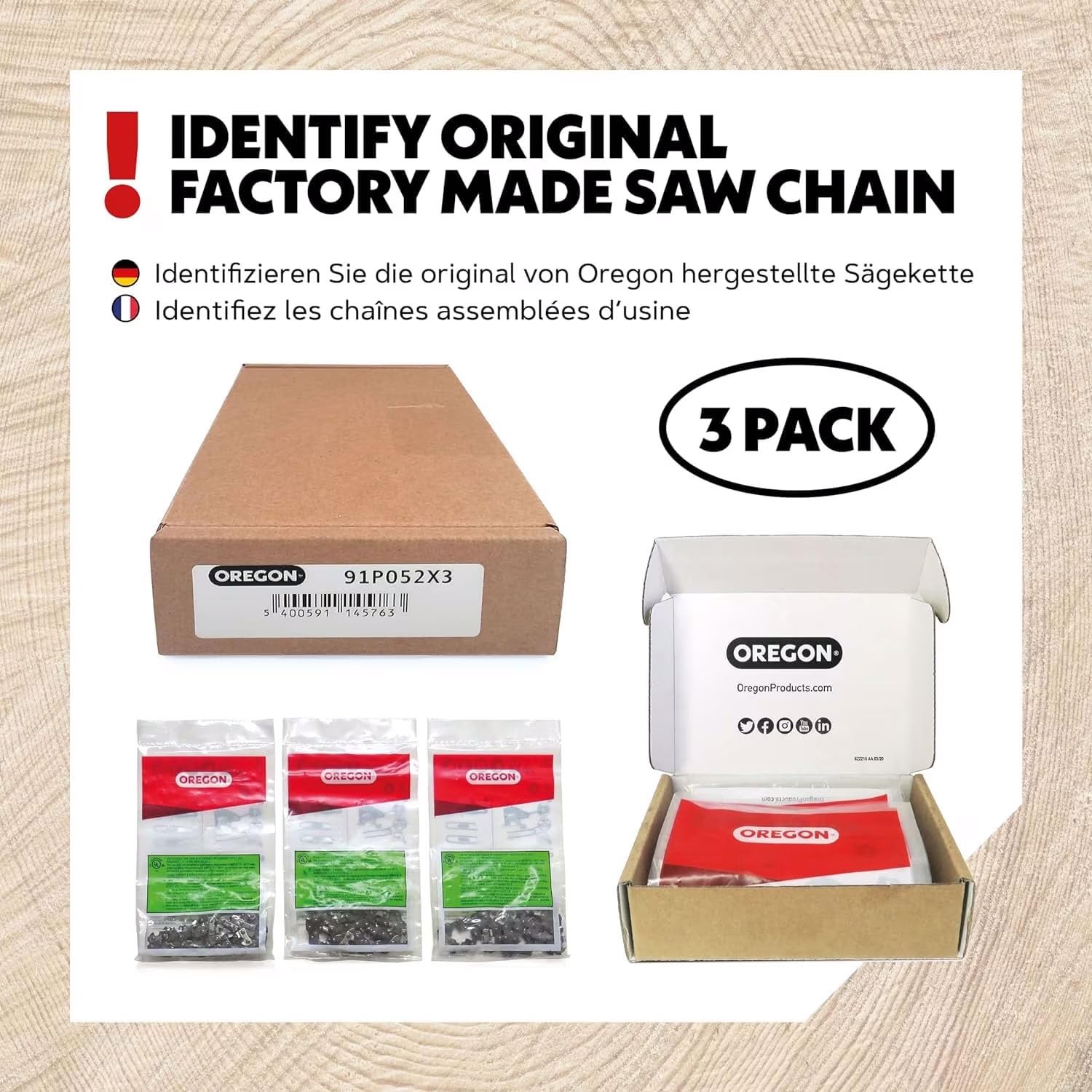 Oregon 3-Pack 3/8" LP Pitch, .050" (1.3 mm) Gauge, Chainsaw Chain for 14" (35cm) Bar, 50 Drive Links – Semi-chisel Replacement Saw Chain, Fits Stihl, Craftsman, Homelite, McCulloch and more - Image 4